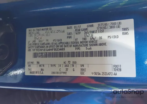 2017 Ford F-150 Xlt из США, поврежденный, VIN 1FTEW1EG4HFB23485